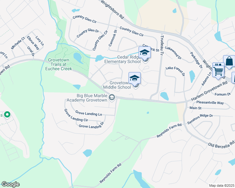 map of restaurants, bars, coffee shops, grocery stores, and more near 4033 Rosedale Place in Grovetown