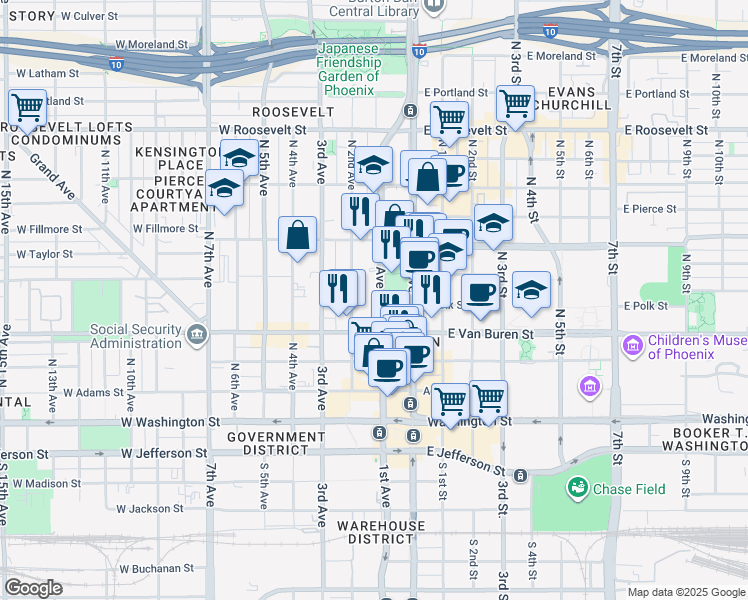 map of restaurants, bars, coffee shops, grocery stores, and more near 330 North 1st Avenue in Phoenix