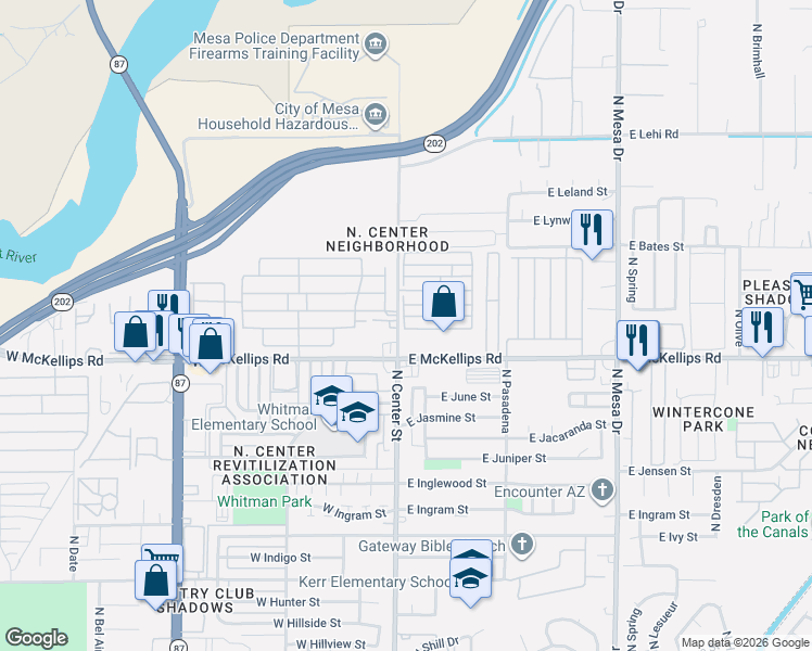 map of restaurants, bars, coffee shops, grocery stores, and more near 2121 North Center Street in Mesa