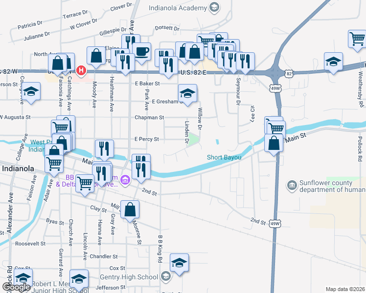 map of restaurants, bars, coffee shops, grocery stores, and more near 600-612 East Percy Street in Indianola