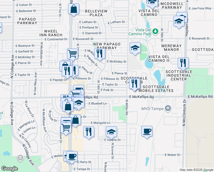 map of restaurants, bars, coffee shops, grocery stores, and more near 7426 East Taylor Street in Scottsdale