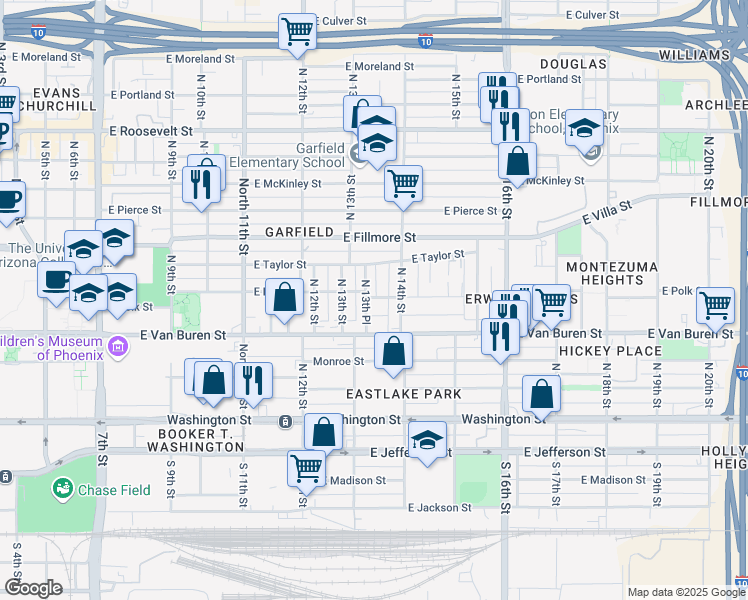 map of restaurants, bars, coffee shops, grocery stores, and more near 1336 East Polk Street in Phoenix