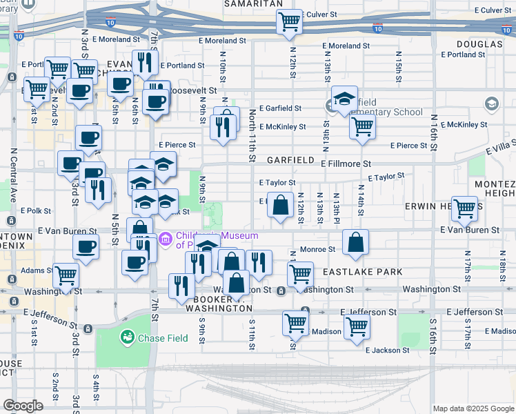 map of restaurants, bars, coffee shops, grocery stores, and more near 1032 East Polk Street in Phoenix