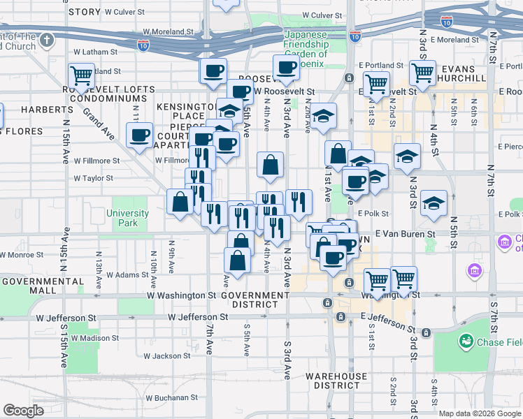 map of restaurants, bars, coffee shops, grocery stores, and more near 338 North 5th Avenue in Phoenix