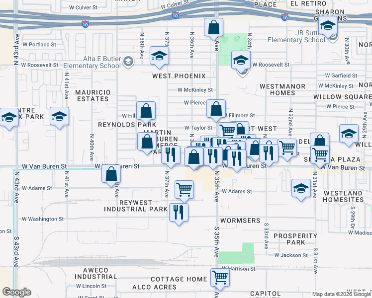 map of restaurants, bars, coffee shops, grocery stores, and more near 3605 West Polk Street in Phoenix