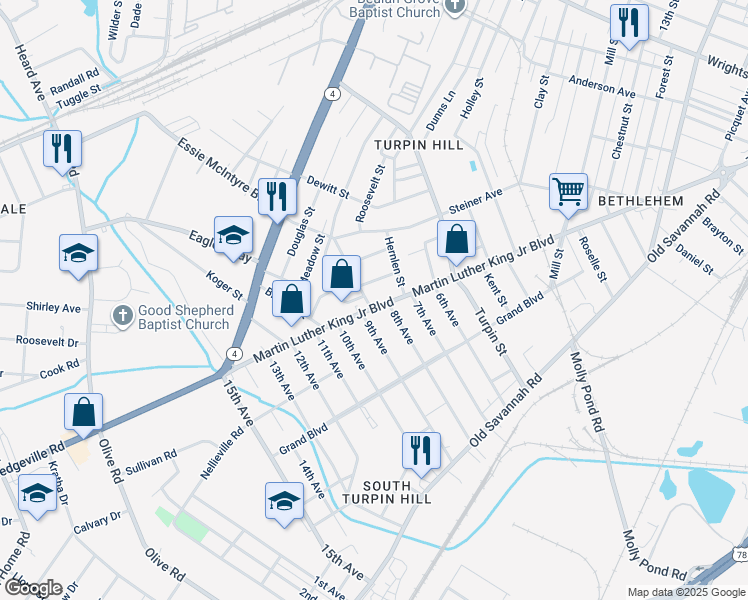 map of restaurants, bars, coffee shops, grocery stores, and more near 2034 Joseph Street in Augusta