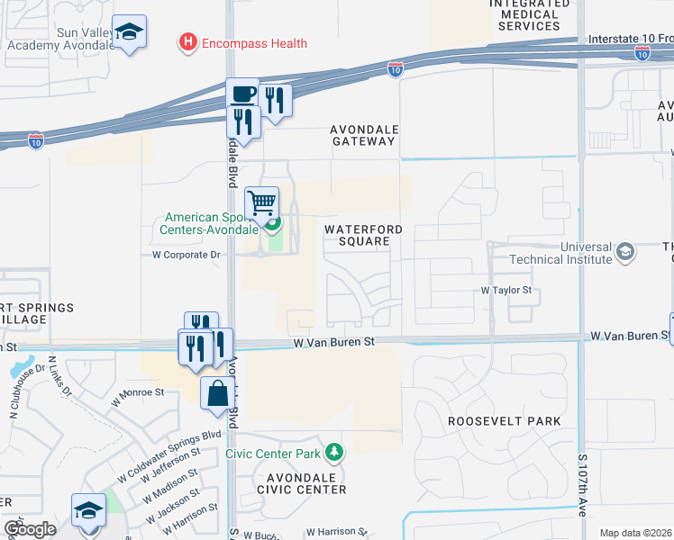 map of restaurants, bars, coffee shops, grocery stores, and more near 750 North 112th Drive in Avondale