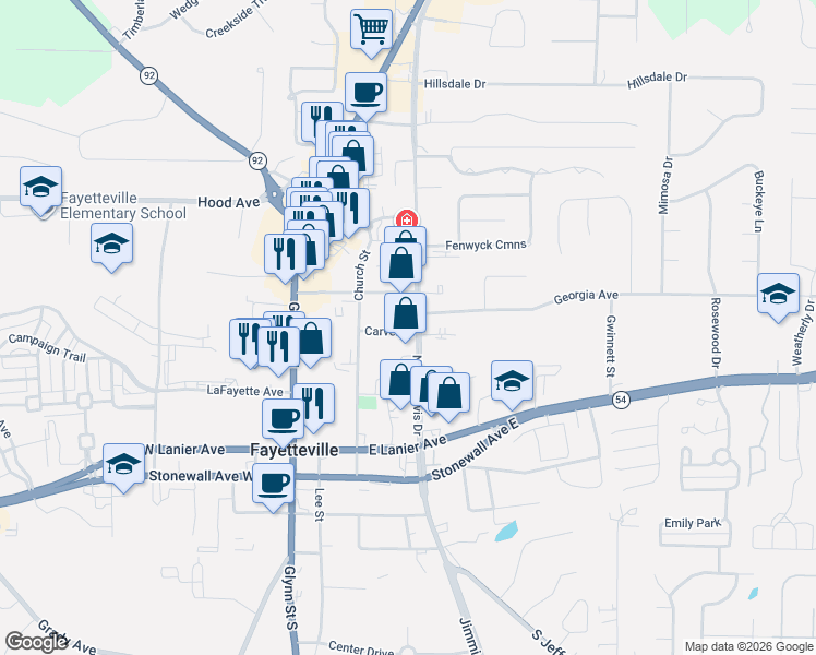 map of restaurants, bars, coffee shops, grocery stores, and more near 270 North Jeff Davis Drive in Fayetteville