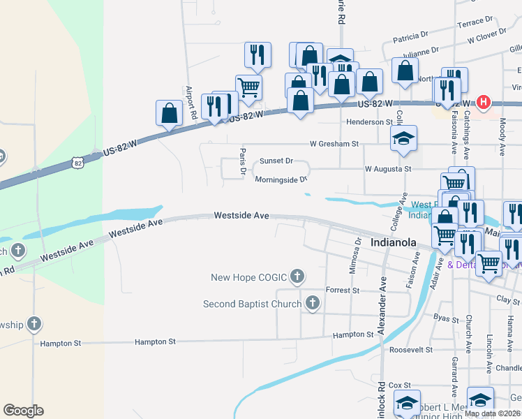 map of restaurants, bars, coffee shops, grocery stores, and more near 526 Westside Avenue in Indianola