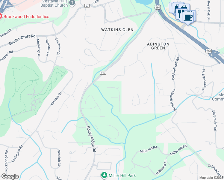 map of restaurants, bars, coffee shops, grocery stores, and more near 1724 Indian Creek Drive in Birmingham