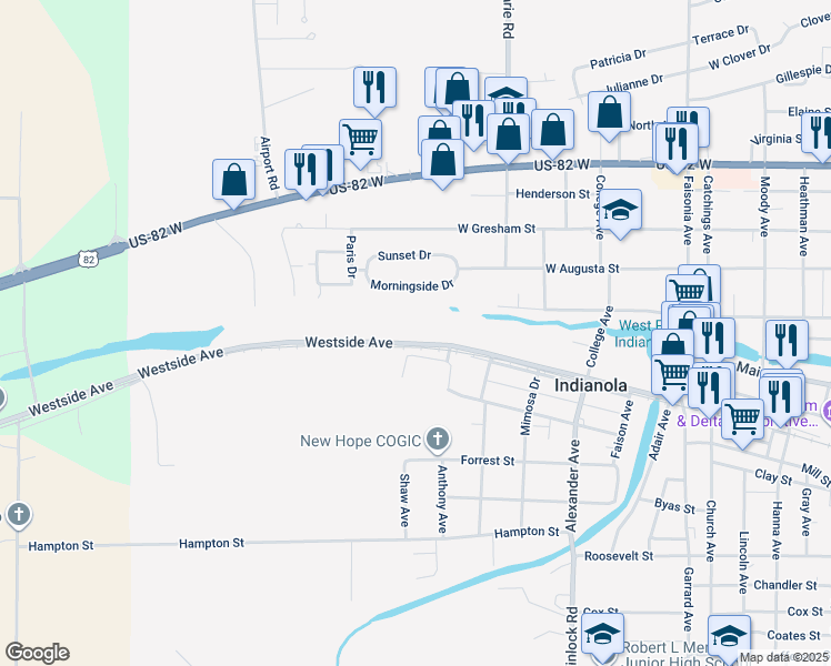 map of restaurants, bars, coffee shops, grocery stores, and more near 512 Westside Avenue in Indianola