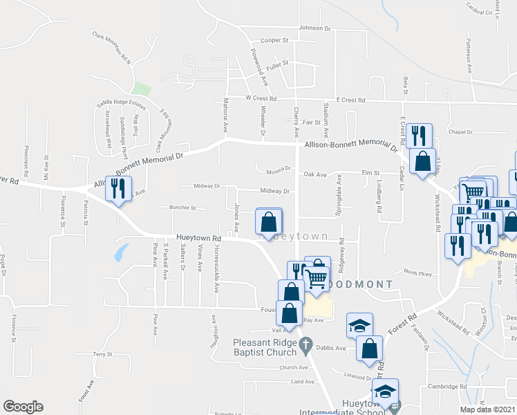 map of restaurants, bars, coffee shops, grocery stores, and more near 120 East Jones Court in Hueytown