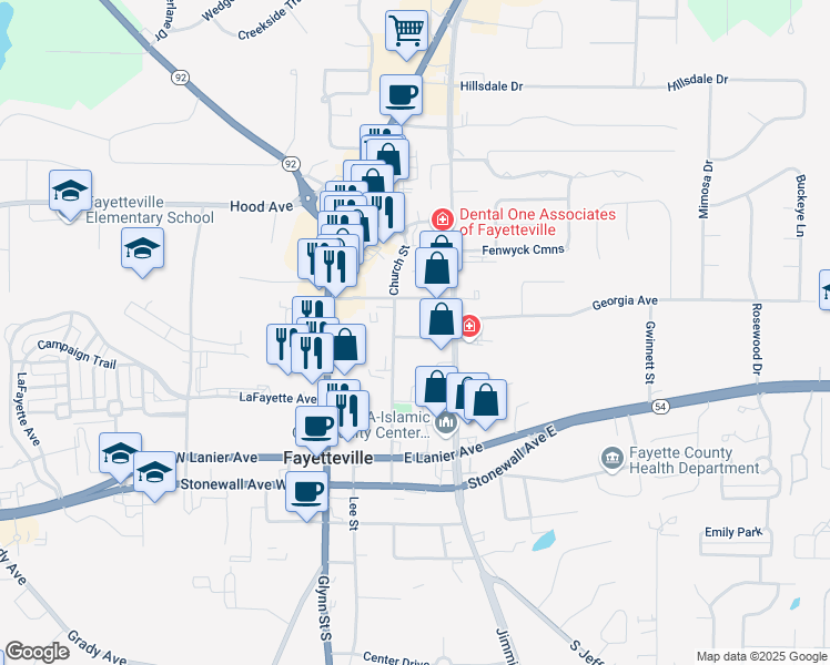 map of restaurants, bars, coffee shops, grocery stores, and more near 110 Carver Street in Fayetteville