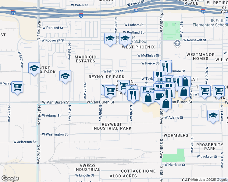 map of restaurants, bars, coffee shops, grocery stores, and more near 343 North 38th Avenue in Phoenix