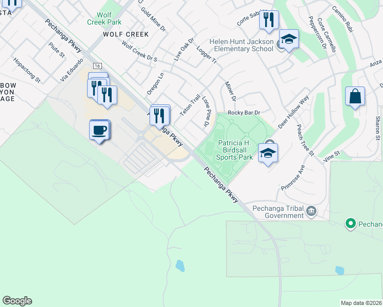 map of restaurants, bars, coffee shops, grocery stores, and more near Pechanga & Wolf Creek Drive South in Temecula