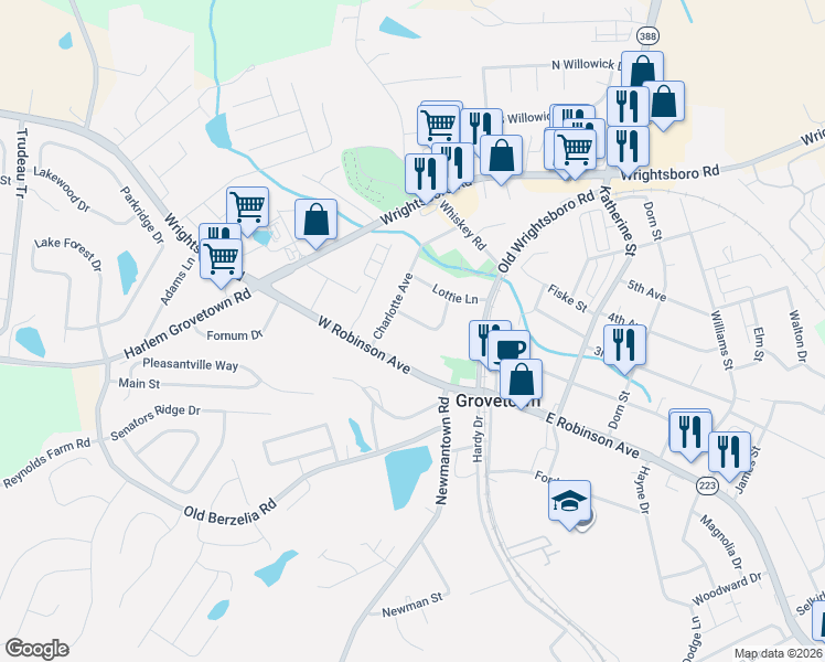 map of restaurants, bars, coffee shops, grocery stores, and more near 113 Wadsworth Court in Grovetown