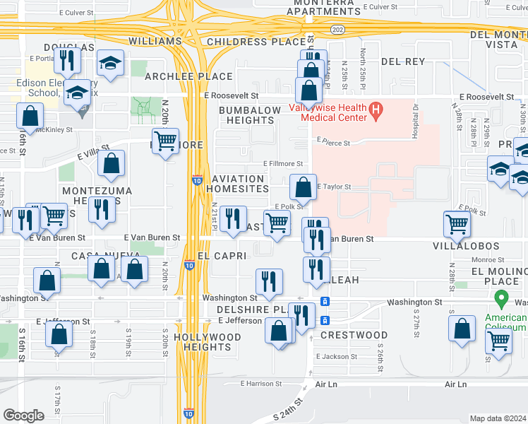 map of restaurants, bars, coffee shops, grocery stores, and more near 2226 East Polk Street in Phoenix