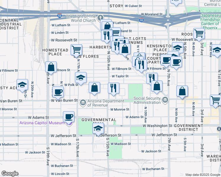 map of restaurants, bars, coffee shops, grocery stores, and more near 344 North 14th Avenue in Phoenix