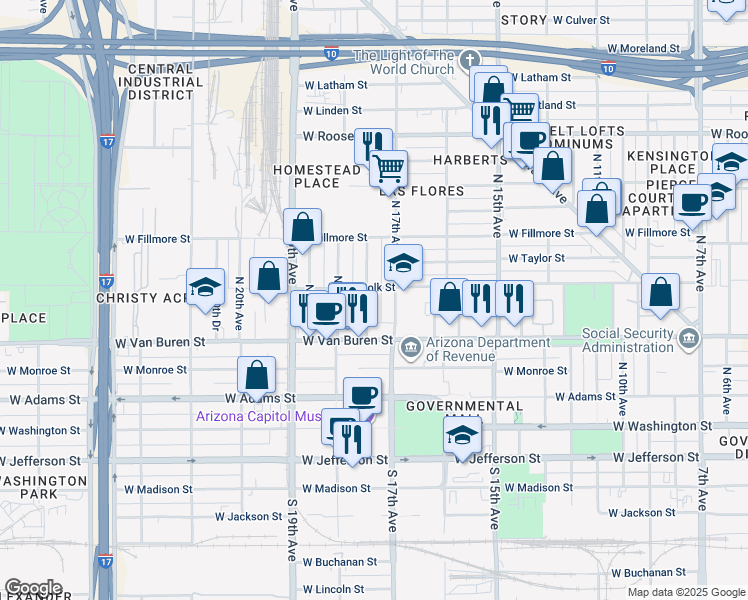 map of restaurants, bars, coffee shops, grocery stores, and more near 337 North 17th Drive in Phoenix