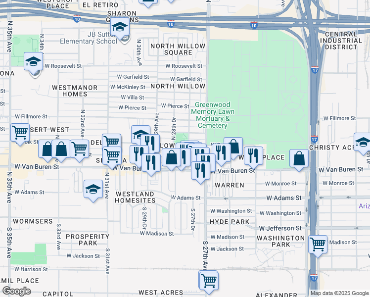 map of restaurants, bars, coffee shops, grocery stores, and more near 2730 West Polk Street in Phoenix