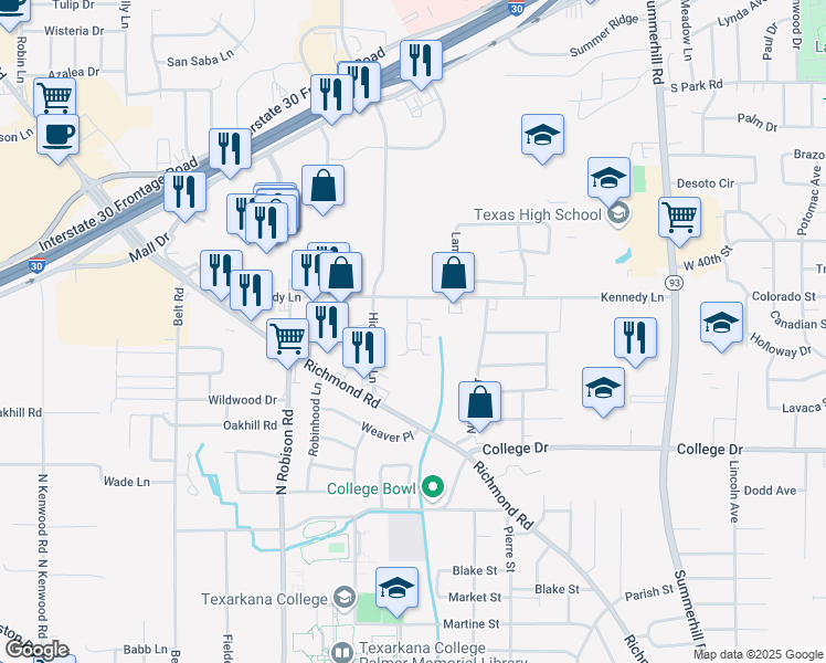 map of restaurants, bars, coffee shops, grocery stores, and more near 2605 Kennedy Lane in Texarkana