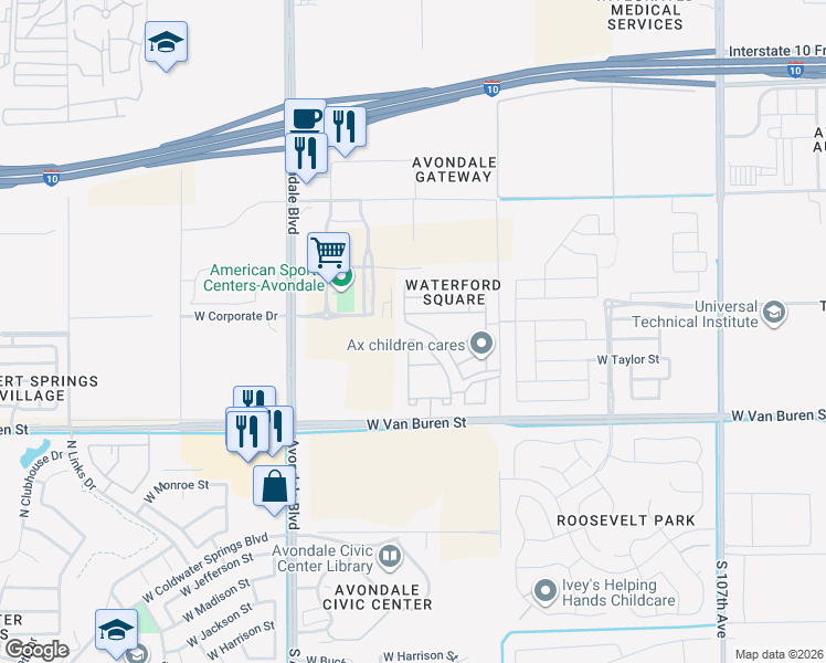 map of restaurants, bars, coffee shops, grocery stores, and more near 738 North 112th Drive in Avondale