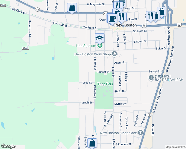 map of restaurants, bars, coffee shops, grocery stores, and more near 508 South Merrill Street in New Boston