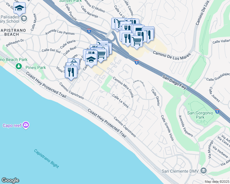 map of restaurants, bars, coffee shops, grocery stores, and more near 3386 Calle La Veta in San Clemente