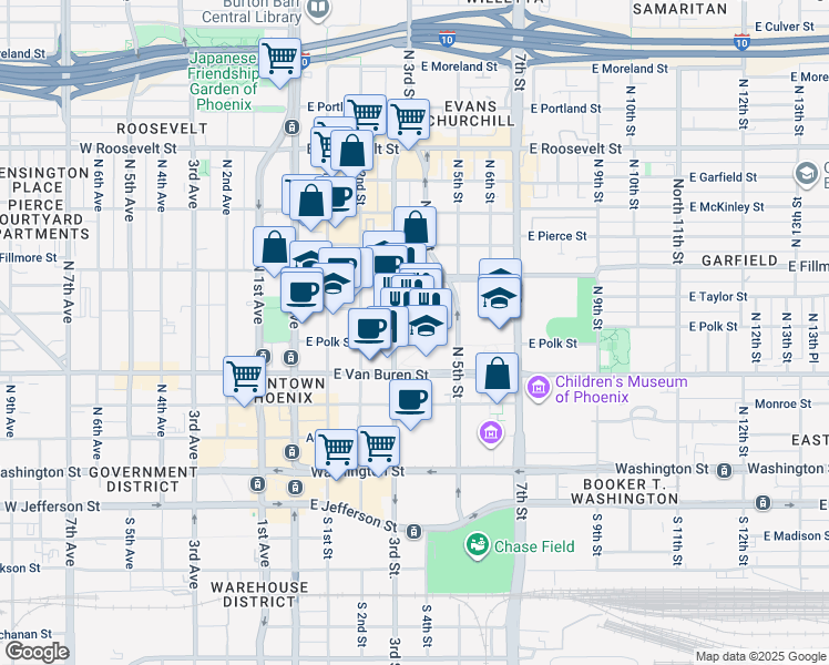map of restaurants, bars, coffee shops, grocery stores, and more near 455 North 3rd Street in Phoenix