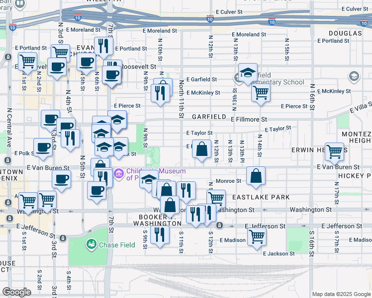 map of restaurants, bars, coffee shops, grocery stores, and more near 1032 East Polk Street in Phoenix