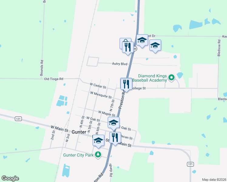 map of restaurants, bars, coffee shops, grocery stores, and more near 205 West Cedar Street in Gunter