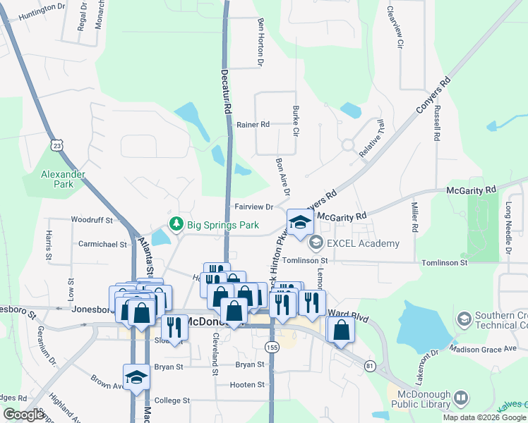 map of restaurants, bars, coffee shops, grocery stores, and more near 227 Fairview Drive in McDonough