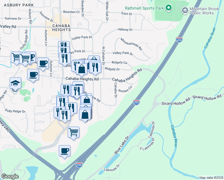 map of restaurants, bars, coffee shops, grocery stores, and more near 4220 Cahaba Drive in Vestavia Hills