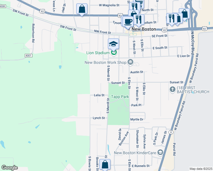 map of restaurants, bars, coffee shops, grocery stores, and more near 508 South Merrill Street in New Boston