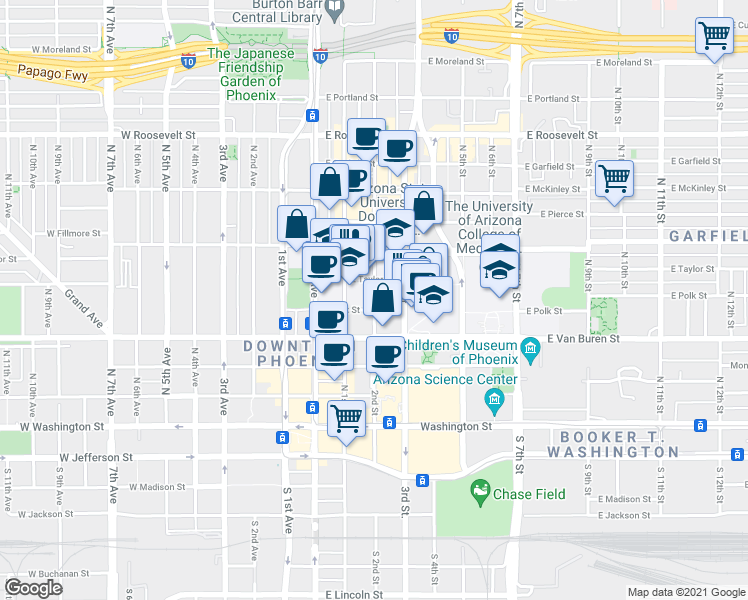 map of restaurants, bars, coffee shops, grocery stores, and more near 424 North 2nd Street in Phoenix