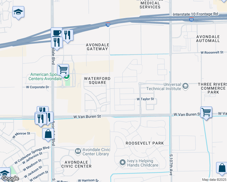 map of restaurants, bars, coffee shops, grocery stores, and more near 614 North 110th Drive in Avondale