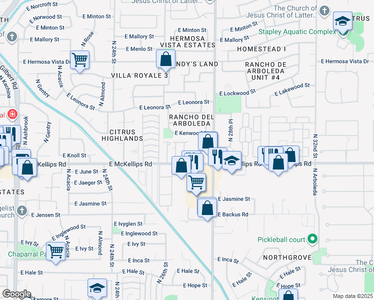 map of restaurants, bars, coffee shops, grocery stores, and more near 2650 East McKellips Road in Mesa