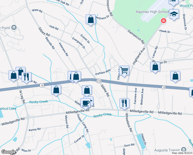map of restaurants, bars, coffee shops, grocery stores, and more near 333 Parham Way in Augusta