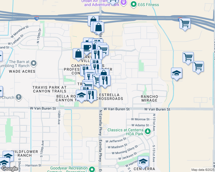 map of restaurants, bars, coffee shops, grocery stores, and more near 577 North Estrella Parkway in Goodyear
