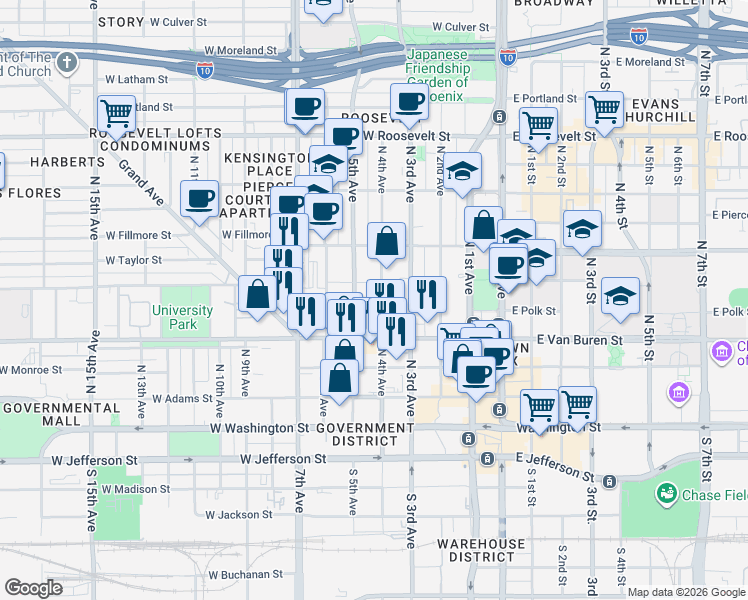 map of restaurants, bars, coffee shops, grocery stores, and more near 338 North 5th Avenue in Phoenix