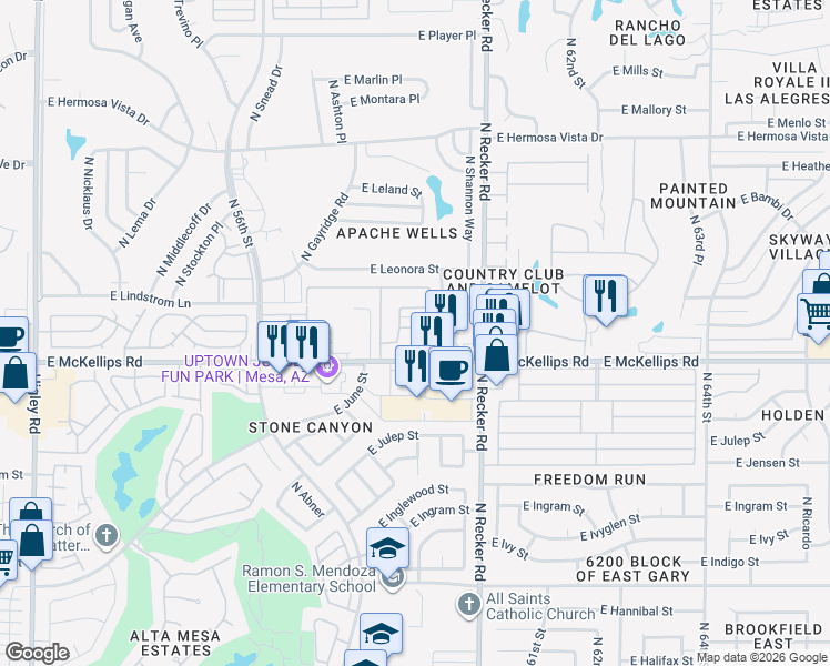 map of restaurants, bars, coffee shops, grocery stores, and more near 5916 East McKellips Road in Mesa