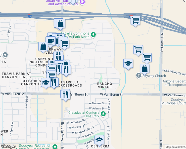 map of restaurants, bars, coffee shops, grocery stores, and more near 15215 West Fillmore Street in Goodyear