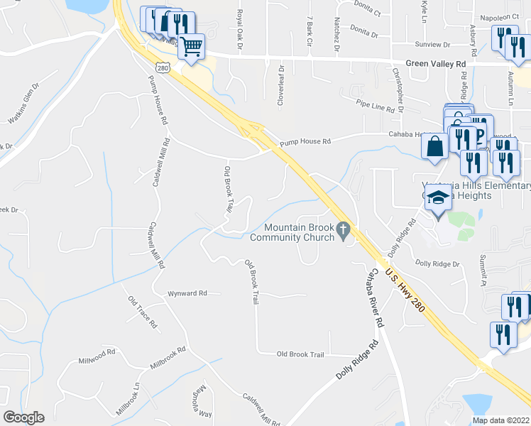 map of restaurants, bars, coffee shops, grocery stores, and more near 2205 Sterlingwood Drive in Birmingham