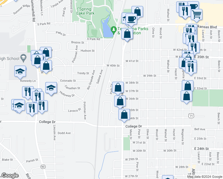 map of restaurants, bars, coffee shops, grocery stores, and more near 109 Park Circle in Texarkana