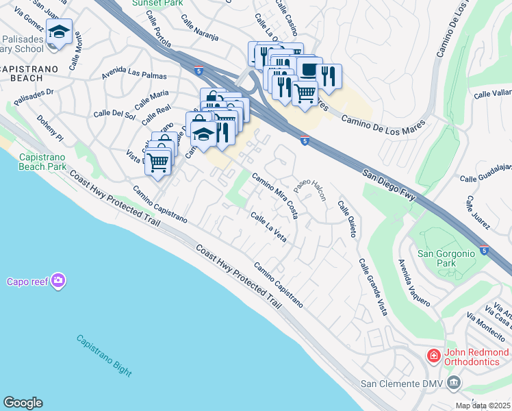 map of restaurants, bars, coffee shops, grocery stores, and more near 3386 Calle La Veta in San Clemente