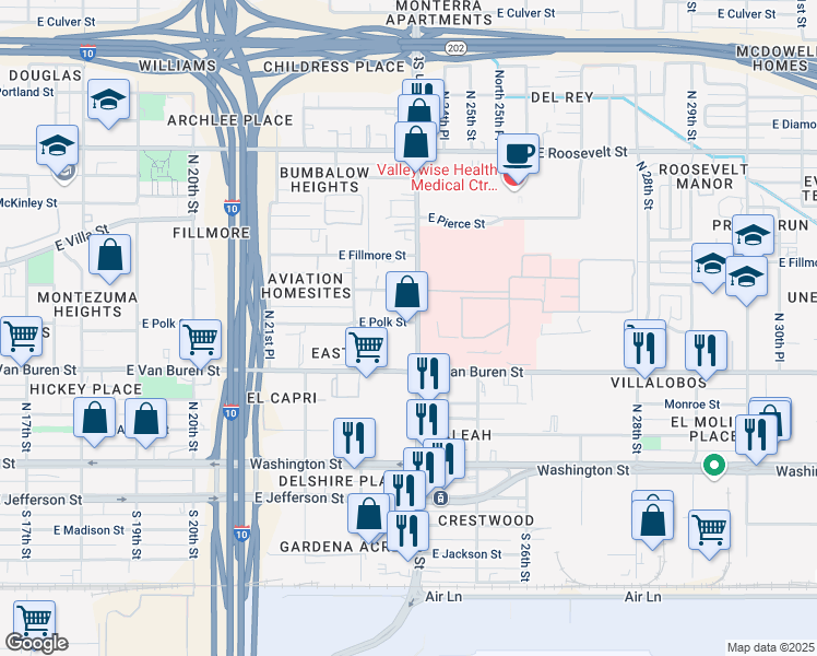 map of restaurants, bars, coffee shops, grocery stores, and more near 2310 East Polk Street in Phoenix
