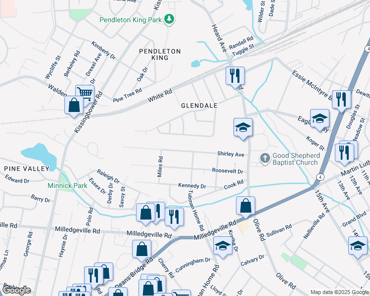 map of restaurants, bars, coffee shops, grocery stores, and more near 2105 Shirley Avenue in Augusta