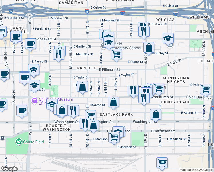 map of restaurants, bars, coffee shops, grocery stores, and more near 1336 East Polk Street in Phoenix