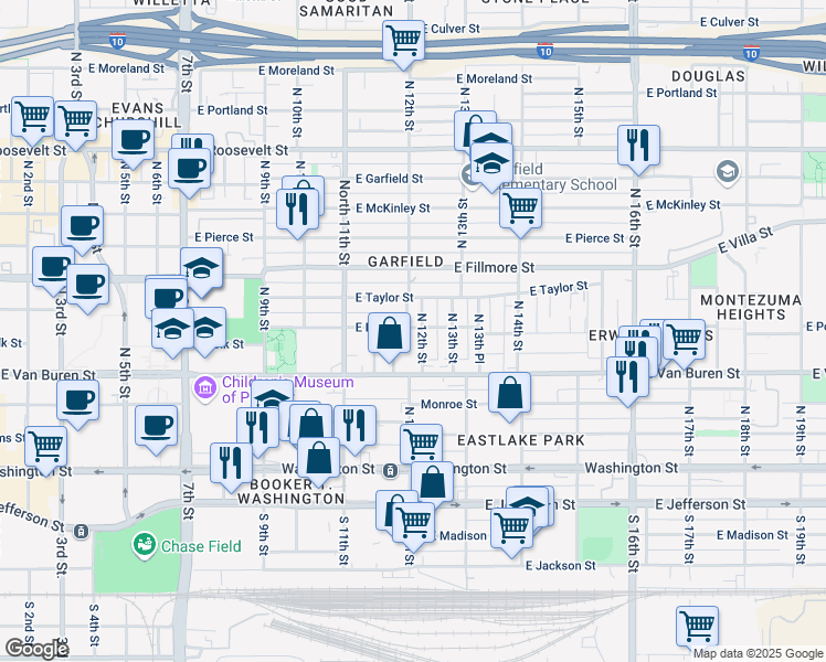 map of restaurants, bars, coffee shops, grocery stores, and more near 406 North 12th Street in Phoenix