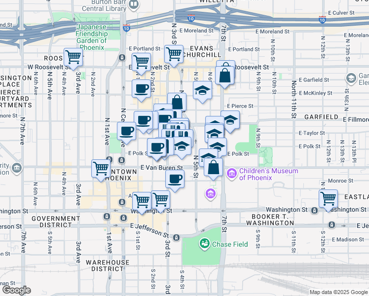 map of restaurants, bars, coffee shops, grocery stores, and more near in Phoenix